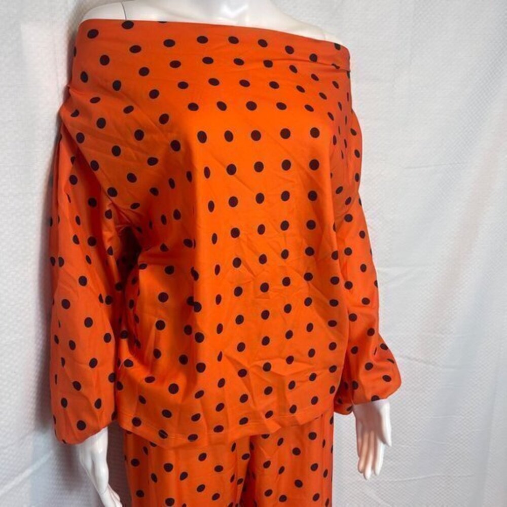 Two Piece Set Polka Dot Print Lantern Sleeve Top & Wide leg Pants Size M‎ - Picture 2 of 16